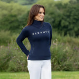Navy blue equestrian elevate allure cross neck jumper with white elevate lettering and zip pockets on front