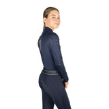 Navy blue long-sleeved mizs base layer top with silver sparkle pattern and matching leggings from equestrian elevate