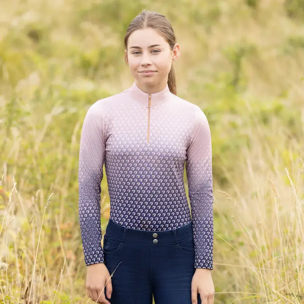 Hy equestrian elevate allure mizs ombre base layer long-sleeved top with pink to purple gradient and white horse pattern