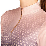 A soft pink semi sheer long sleeve top with horse pattern and rose gold zipper from hy equestrian elevate allure mizs ombre base layer