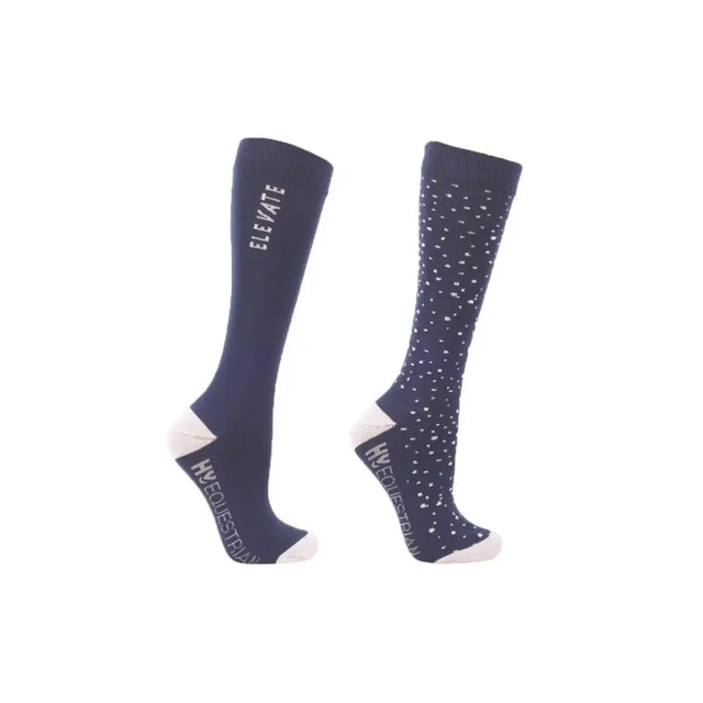 Navy blue knee-high allure mizs socks with white polka dots toe cap heel and elevate branding by hy equestrian