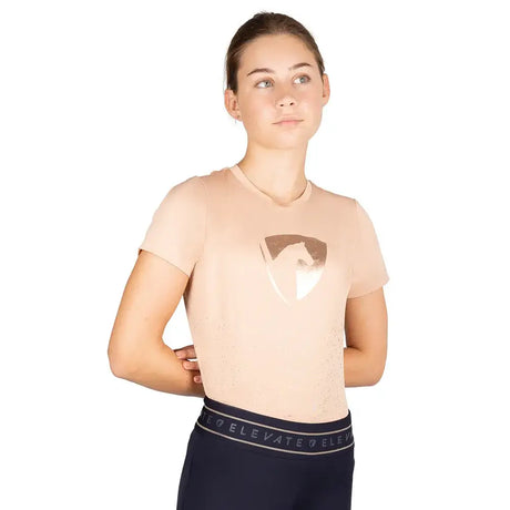 Beige short-sleeved athletic top with metallic horse logo on chest in hy equestrian elevate allure mizs t-shirt