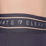 Navy blue elastic waistband with white trim and silver elevate branding on hy equestrian elevate allure riding tights