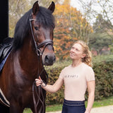 A dark brown horse with a glossy coat and black mane wearing a bridle featured on the hy equestrian elevate allure t-shirt