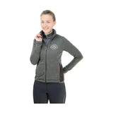 Dark gray fleece lined equestrian eliza ladies jacket with subtle logo and red accent stitching on side seams