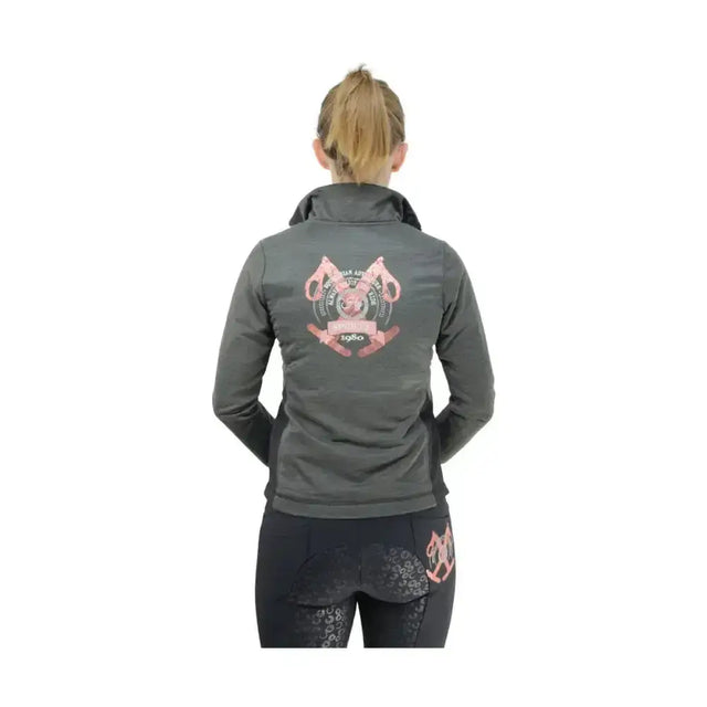 Back view of dark gray fleece lined equestrian eliza ladies jacket with pink and white embroidered logo on the back