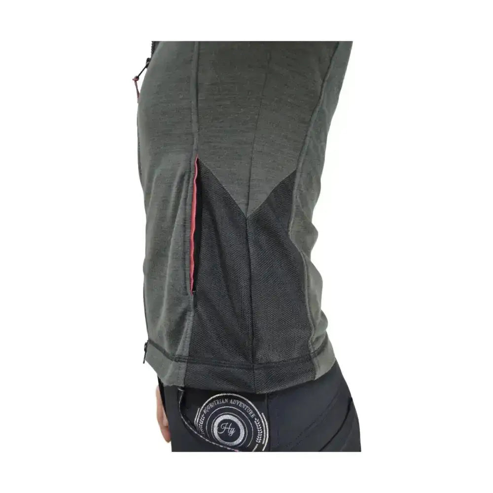 Dark gray equestrian eliza ladies fleece lined jacket with mesh panels and red zipper accent for riding comfort