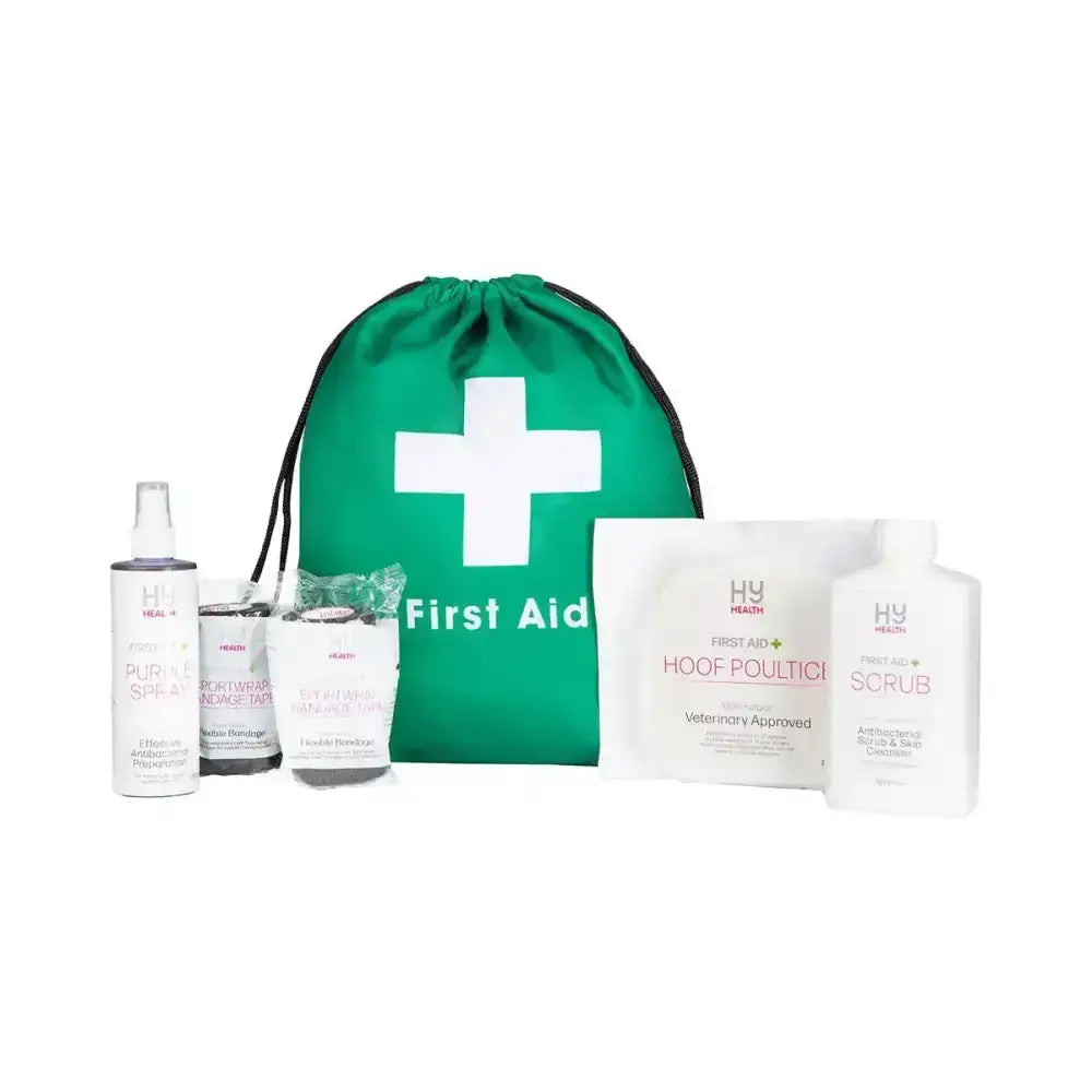 Hy equestrian equine first aid starter kit in a handy drawstring green bag with white cross and first aid text
