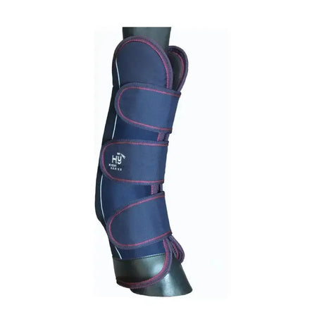 Navy blue hy equestrian event pro series travel boots with magenta trim white stitching and three adjustable straps