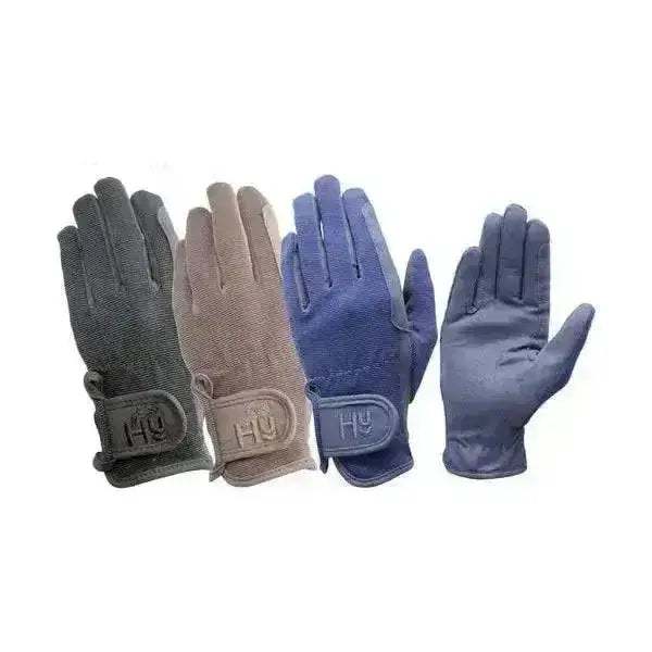 Dark gray tan and navy hy equestrian every day riding gloves with textured grip and sleek hu logo wrist strap for amazing grip