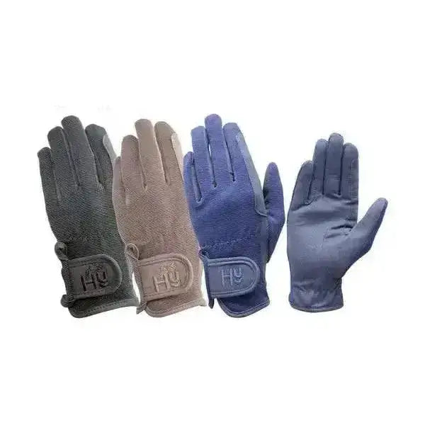 A set of hu brand day riding gloves childrens in gray tan blue and navy with textured fabric and amazing grip