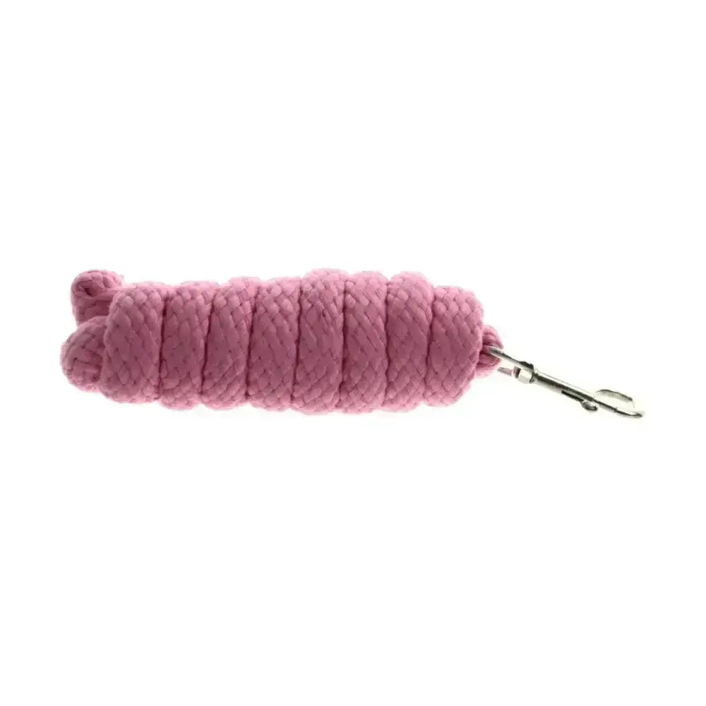 A coiled pink braided hy equestrian extra soft lead rope with silver trigger hook metal clasp