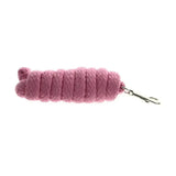 A coiled pink braided hy equestrian extra soft lead rope with silver trigger hook metal clasp