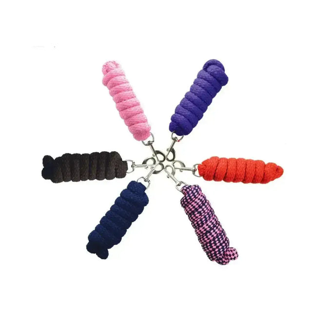 Five colorful braided rope horse halters with metal trigger hook clasps for extra soft lead rope use