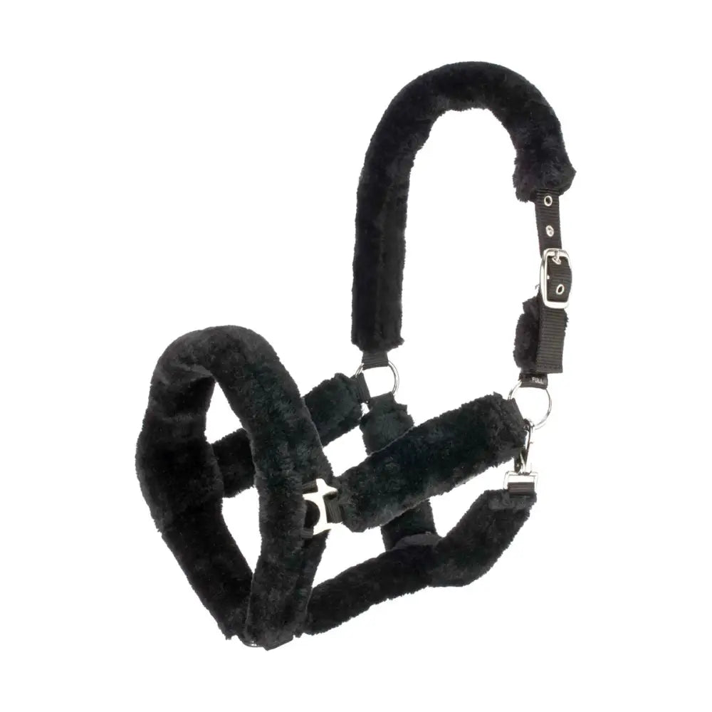 Black fleece-lined equestrian fab fleece headcollar with silver hardware and adjustable straps for horses