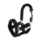 Black fleece-lined equestrian fab fleece headcollar with silver hardware and adjustable straps for horses