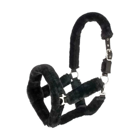 Black fleece-lined equestrian fab fleece headcollar with silver hardware and adjustable straps for horses