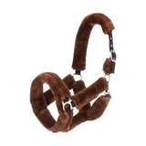 Brown plush horse halter with black leather straps and silver hardware from hy equestrian fab fleece headcollar collection