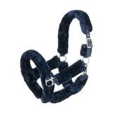 Dark blue plush fleece headcollar with silver metal buckles by hy equestrian fab fleece for comfy horse wear