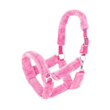 Pink fuzzy equestrian fab fleece headcollar with metallic buckles and rings for comfortable horse use