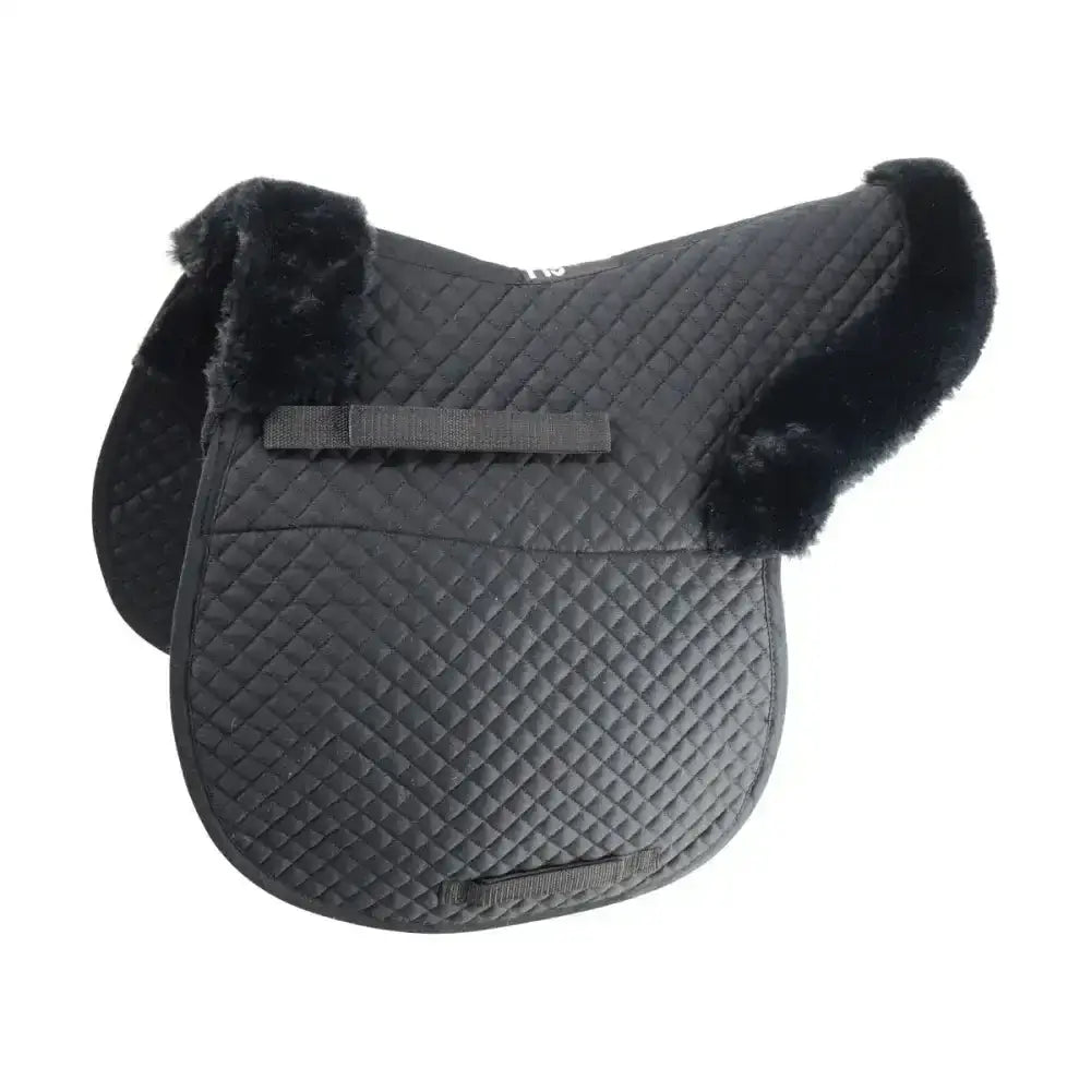 Black quilted saddle pad with plush black fur trim hy equestrian fab fleece fleece lined numnah