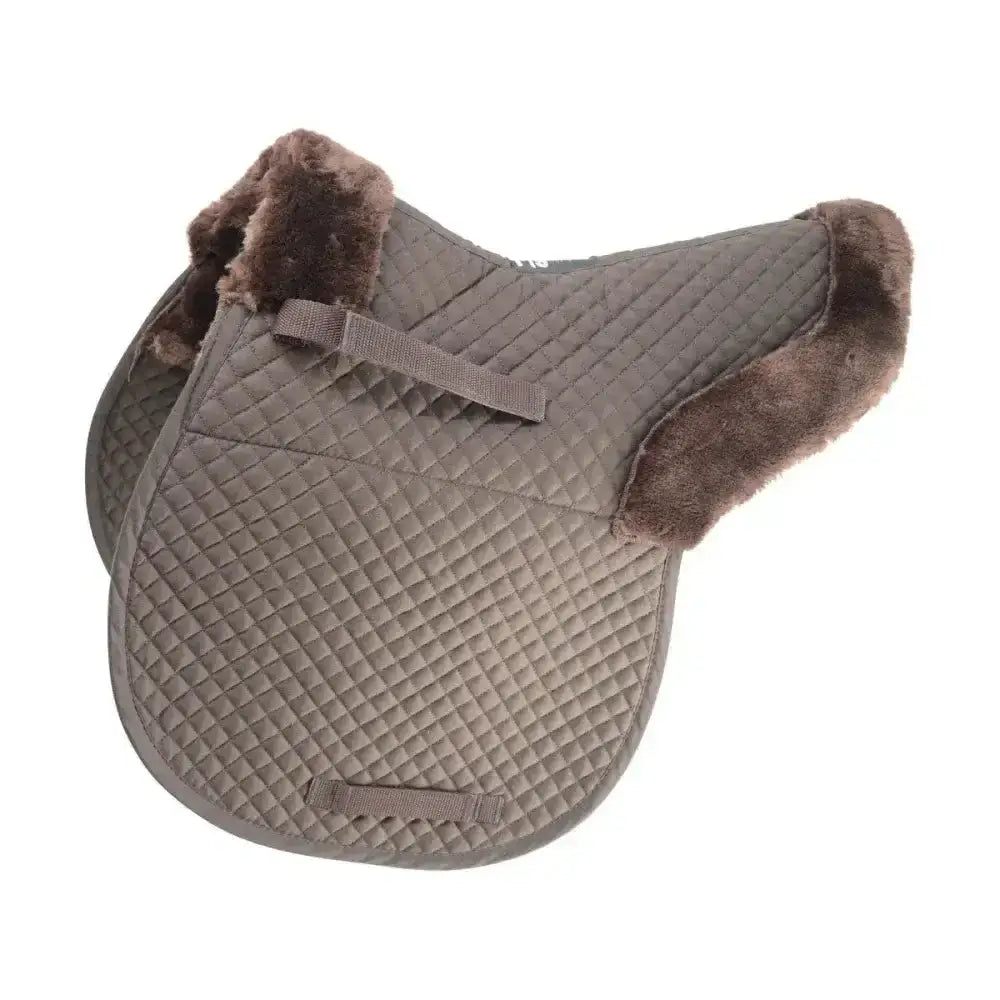 Brown quilted saddle pad with plush dark brown faux fur trim by hy equestrian fab fleece fleece lined numnah