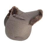Brown quilted saddle pad with plush dark brown faux fur trim by hy equestrian fab fleece fleece lined numnah