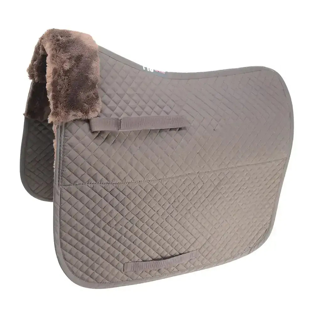 Gray quilted saddle cloth with plush brown fleece edge and adjustable straps from hy equestrian fab fleece line