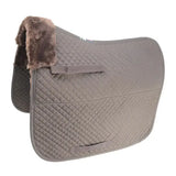 Gray quilted saddle cloth with plush brown fleece edge and adjustable straps from hy equestrian fab fleece line