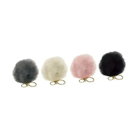 Four fluffy faux fur pom pom key rings in gray cream pink and black from hy equestrian faux fur collection