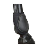 Black hy equestrian fetlock boots with padded contoured design and adjustable strap for ankle protection