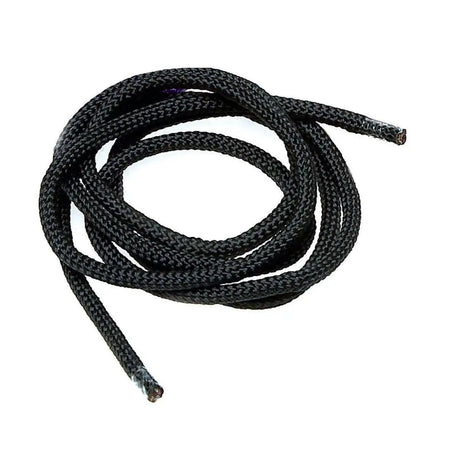 Black braided equestrian fillet string with textured woven cord and frayed ends perfect for rug accessories