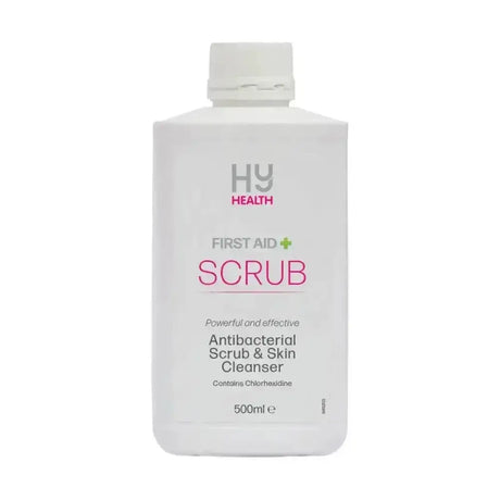 White plastic bottle of hy health first aid antibacterial scrub and skin cleanser 500ml effective antibacterial scrub