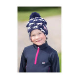 Navy blue knit Hy Equestrian Flaine children’s beanie with fun horse pattern and matching pink white pom pom for pony lovers