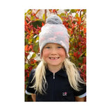 Hy equestrian flaine children’s knitted beanie in gray pink camo with fluffy pom pom for pony lovers