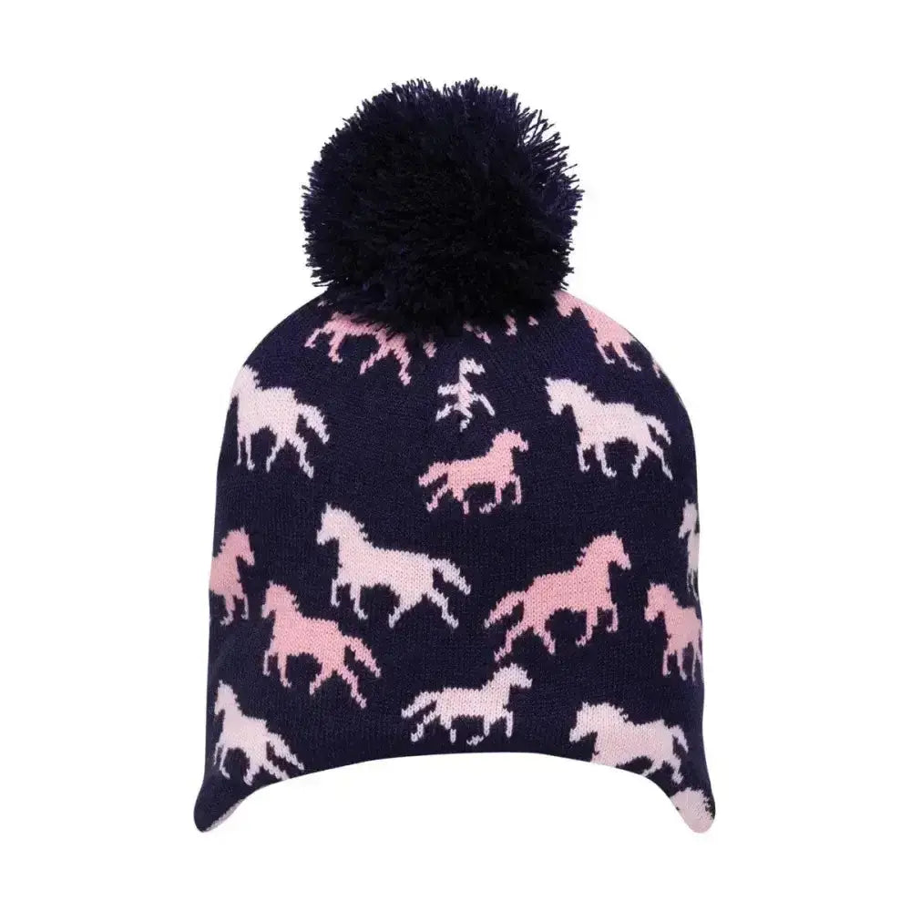 Navy blue knit equestrian flaine children’s beanie with fun horse pattern and black pom-pom for pony lover kids