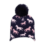 Navy blue knit equestrian flaine children’s beanie with fun horse pattern and black pom-pom for pony lover kids