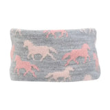 Gray knitted Hy equestrian Flaine children’s headband with fun trotting horse pattern in pink and light beige