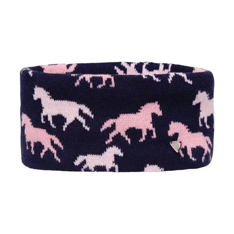 Navy blue knitted hy equestrian flaine children’s headband with fun trotting horse pattern in pink and white