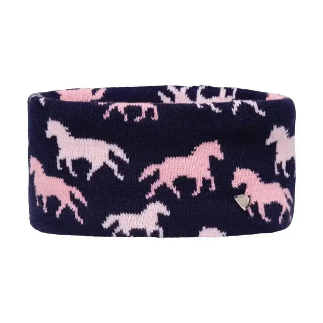 Navy blue knitted hy equestrian flaine children’s headband with fun trotting horse pattern in pink and white