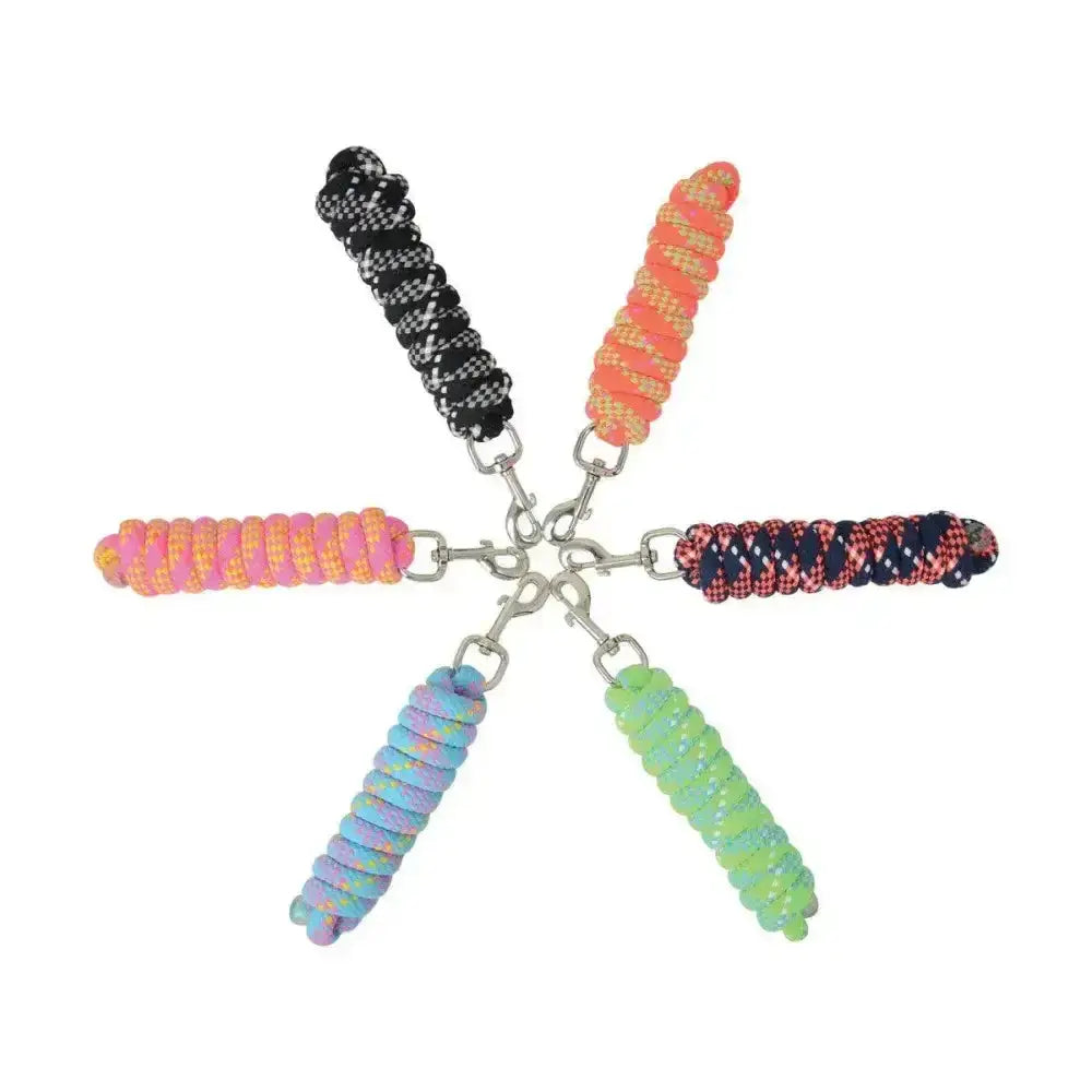 Colorful braided paracord horse leads with metallic clasps from hy equestrian fleck lead rope collection