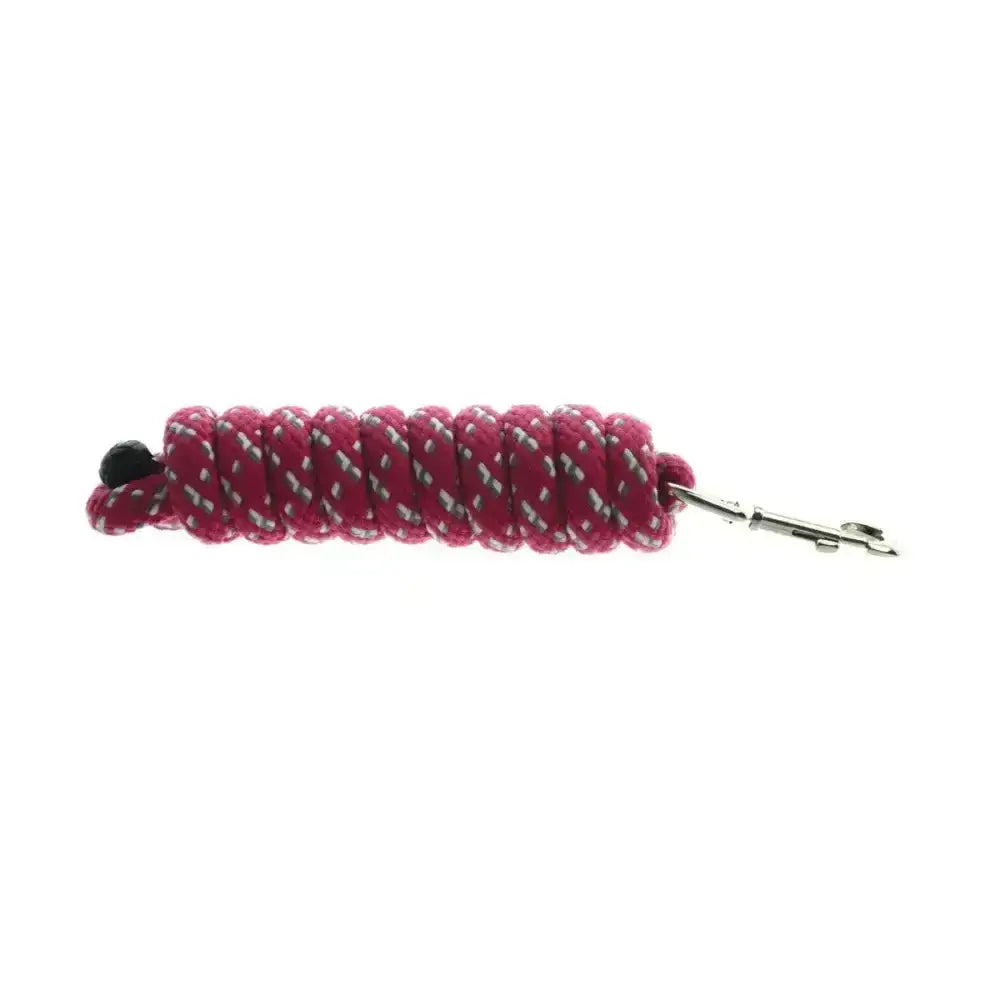 A coiled fuchsia fleck lead rope keychain with silver reflective threads and a black plastic end cap for horse leads