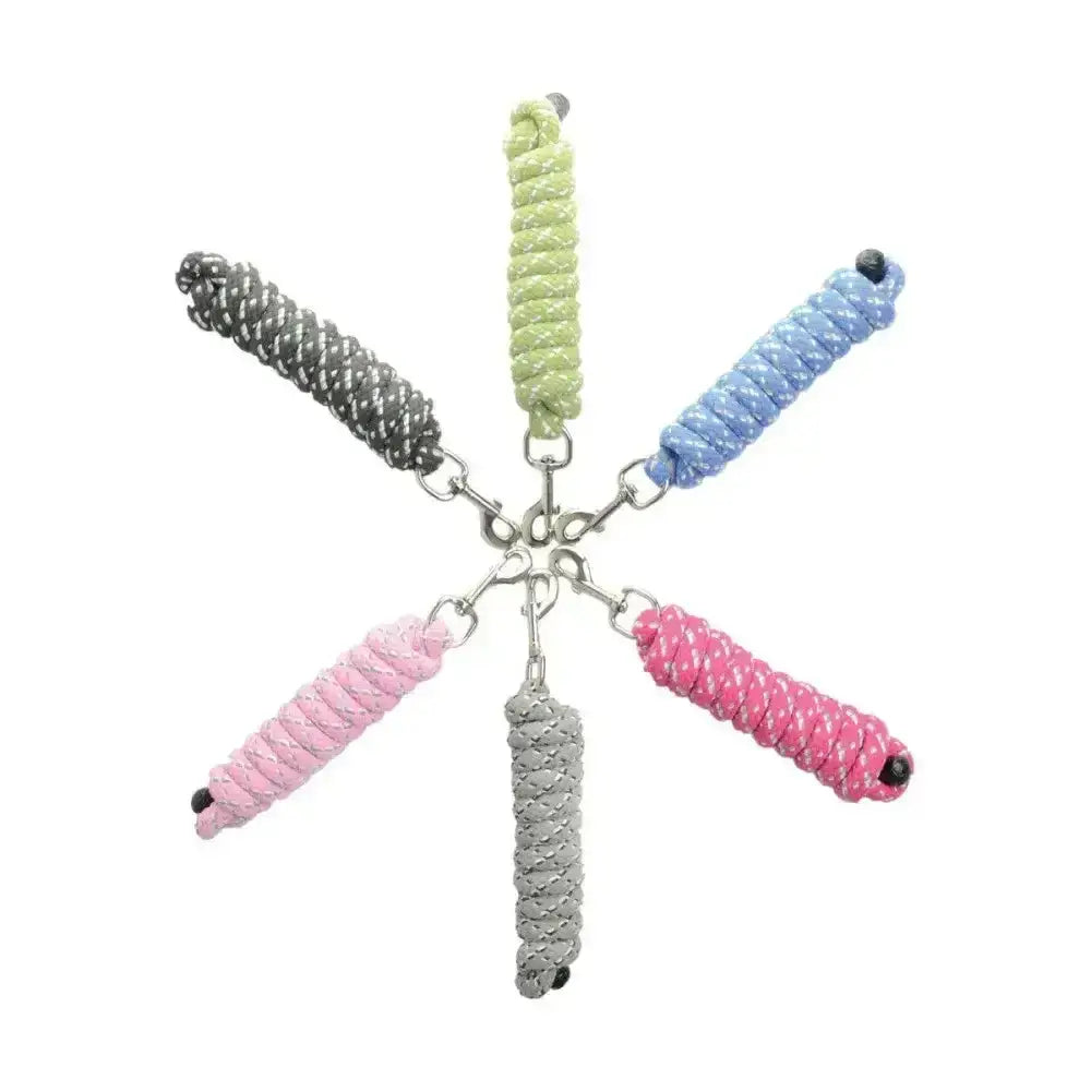 Colorful pastel braided fleck lead rope keychains in green blue pink and gray with black tips for horse leads