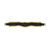 Black equestrian fleece lined jumping contoured girth with soft pale yellow fleece and silver metal buckles