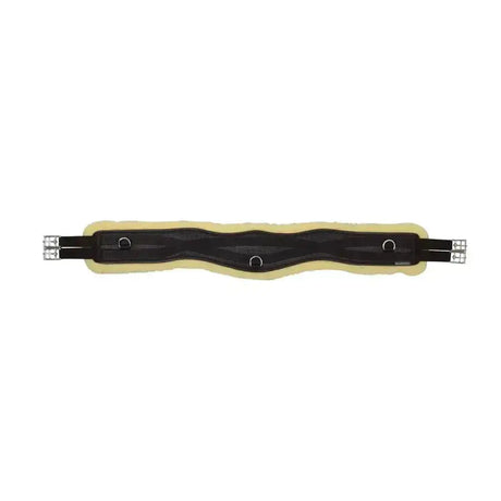 Black equestrian fleece lined jumping contoured girth with soft pale yellow fleece and silver metal buckles