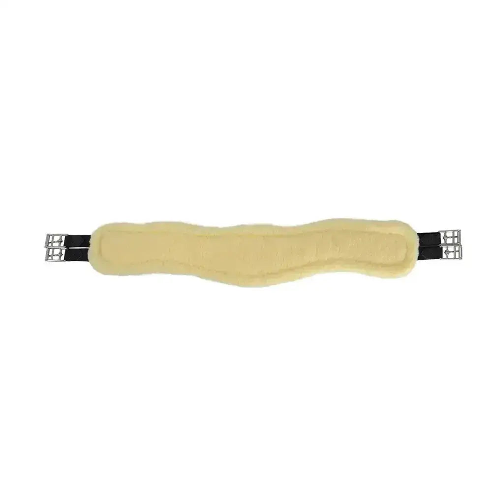 Cream-colored sheepskin equestrian fleece lined girth with black straps and silver buckles for jumping contoured use