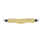 Cream-colored sheepskin equestrian fleece lined girth with black straps and silver buckles for jumping contoured use