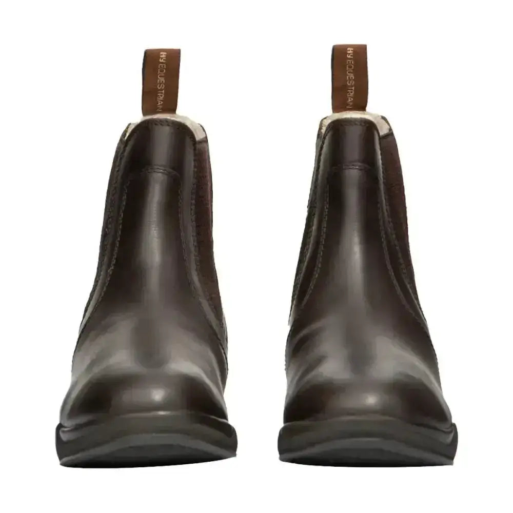 Dark brown fleece lined wax leather jodhpur boots with plush lining and sturdy rubber soles for practical equestrian use