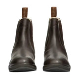 Dark brown fleece lined wax leather jodhpur boots with plush lining and sturdy rubber soles for practical equestrian use