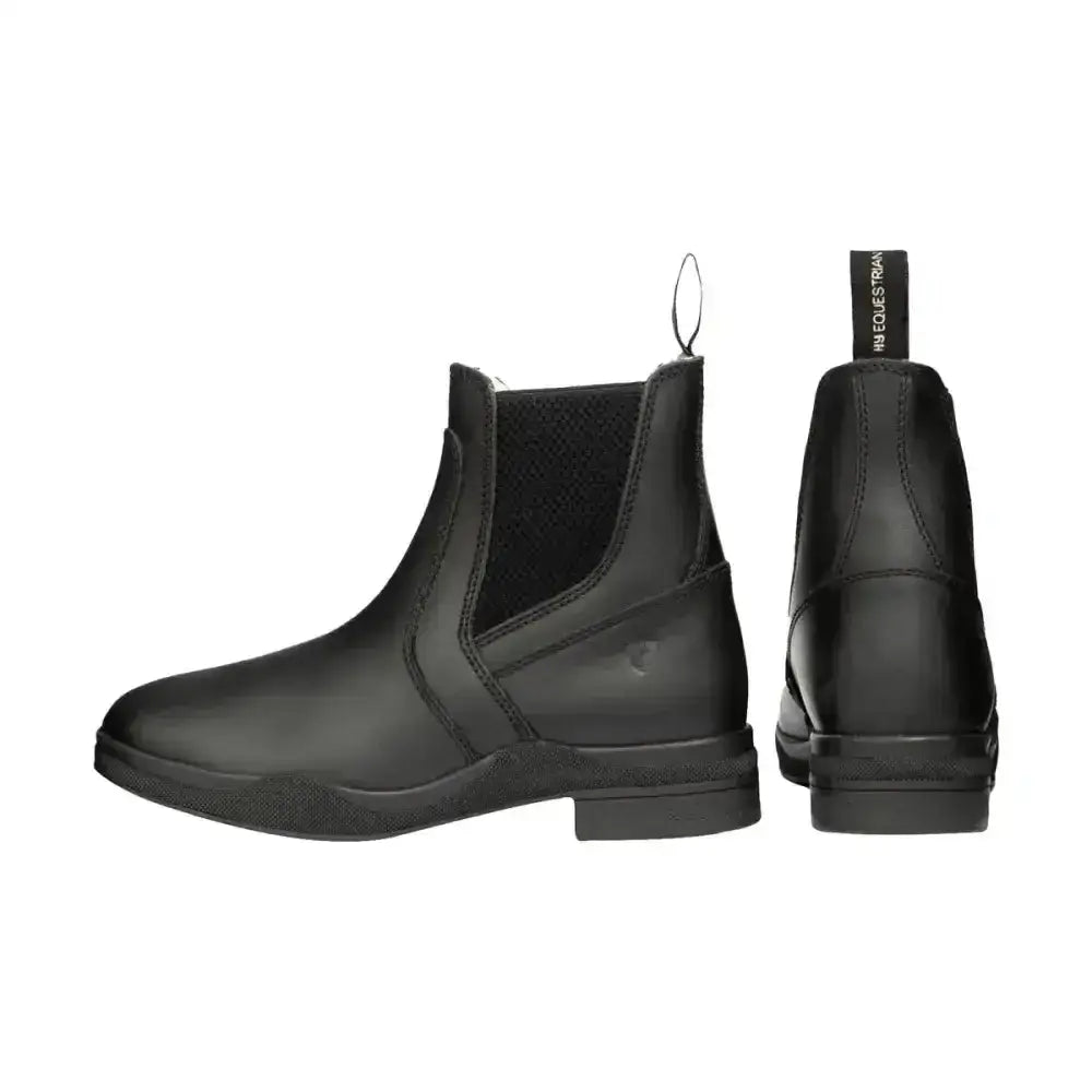 Black leather fleece lined wax leather jodhpur boots with elastic side panels and pull tab at the back